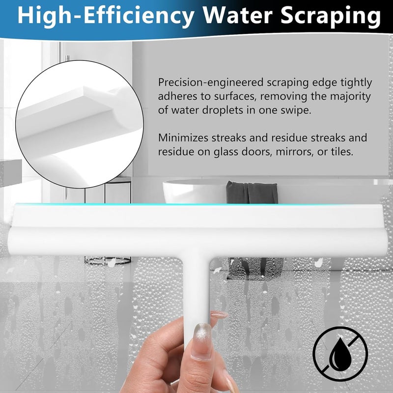 DEOFUXT Shower Squeegee for Glass Doors, Full Silicone Jacketed Squeegee with Ergonomic Handle & No-Drill Hook, Cleaning Tool for Windows, Mirrors, Tiles, Bathroom & Car - White - Image 4